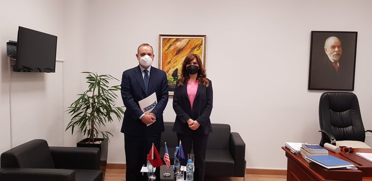 President of the Special Appeal Chamber, Mrs. Albana Shtylla and the Head of the OSCE Presence in Tirana, His Excellency Ambassador Vincenzo Del Monaco, during a meeting, where they discussed regarding the challenges of the re-evaluation process and the support possibilities by the OSCE for this purpose