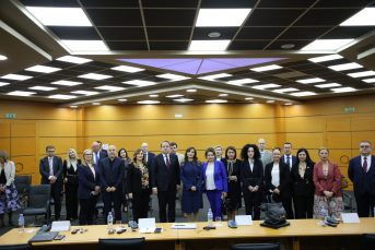 Members of the vetting institutions and representatives of the International Monitoring Operation, after a meeting with the Commissioner for Neighborhood and Enlargement in the European Commission, Mr. Oliver Varhelyi, who assessed the results of the vetting process as essential for a justice system of judges and prosecutors with integrity. The Commissioner stated in a twitter post, “Reconfirmed EU’s full & strong support. Integrity of judges & prosecutors is key to future of Albania in the EU” - April 28, 2022.