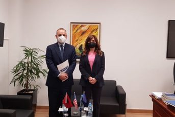 President of the Special Appeal Chamber, Mrs. Albana Shtylla and the Head of the OSCE Presence in Tirana, His Excellency Ambassador Vincenzo Del Monaco, during a meeting, where they discussed regarding the challenges of the re-evaluation process and the support possibilities by the OSCE for this purpose