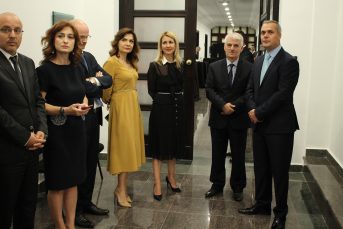 Public Commissioner Mr. Darjel Sina, Judge Rezarta Schuetz, Public Commissioner Florian Ballhysa, Judges Albana Shtylla, Ina Rama, Luan Daci and Ardian Hajdari, during the inauguration ceremony of the new premises of the Appeal Chamber and Public Commissioner.