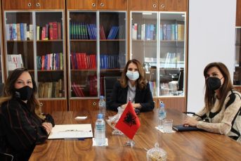President of the Appeal Chamber Mrs. Albana Shtylla, President of the Independent Qualification Commission Mrs. Pamela Qirko and the President of the High Judicial Council Mrs. Naureda Llagami, during the meeting coordinated for the acceleration of the re-evaluation process for the candidacies from the judicial system, for members of the High Court – 7 October, 2020