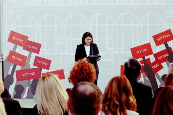 The President of the Appeal Chamber, Mrs. Natasha Mulaj is holding a speech during the inauguration ceremony of the premises where the Independent Qualification Commission shall exercise its activity.